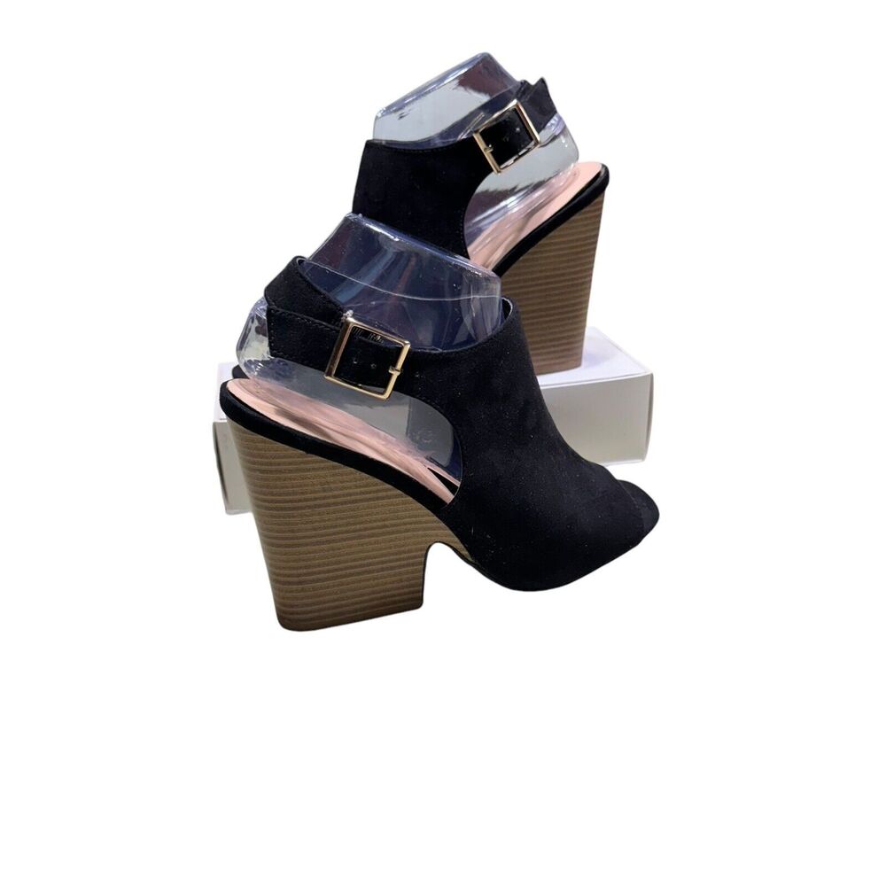 Wild Diva Lounge Open Toe Sandals Black Suede Size‎ 9 Wood Block Heel - Picture 2 of 11